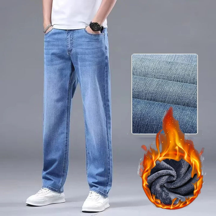 Men New Fleece Lined Thickened Jeans Male Winter Loose Straight Slim Fit Denim Pants High End Casual Elasticity Trousers