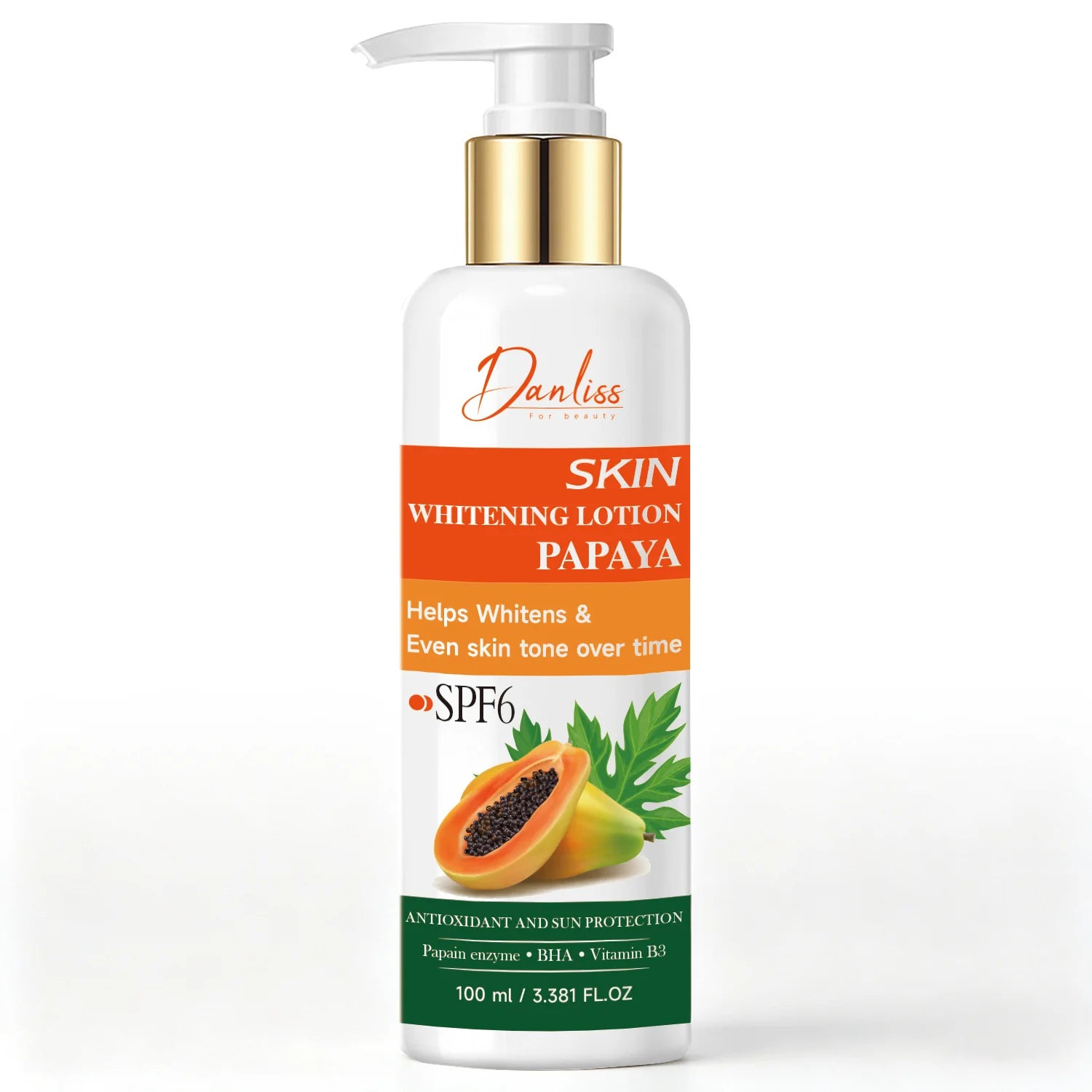 Danliss Papaya Skin Whitening Lotion with SPF6 – 100ml Body & Foot Moisturizer for Even Tone, Antioxidant & Sun Protection.