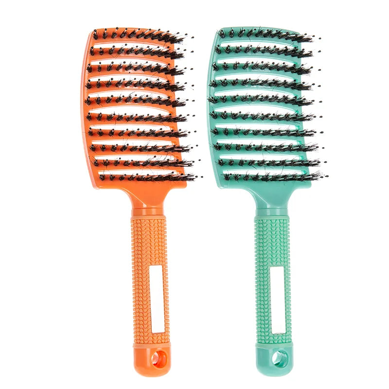 2pcs Barber Hairdressing Styling Wet Dry Boar Bristle Hair Brushes Curly Wet Dry Hair Detangling Massage Curved Vent Brush