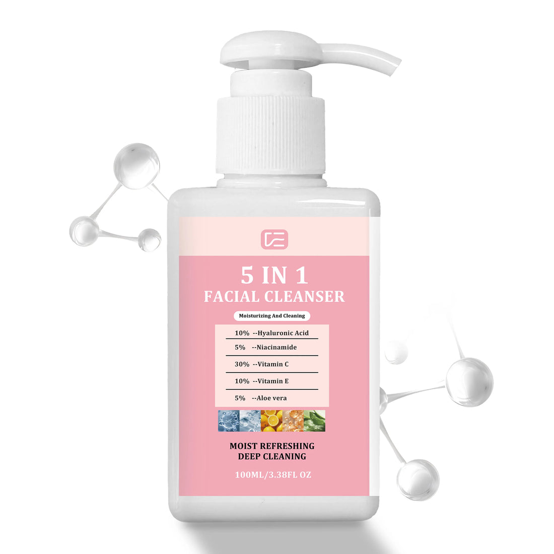 5-IN-1 Facial Cleanser 100ML/3.38FL OZ Gentle Non-Drying Hydrating Wash Normal/Oily/Combination Skin Face Lip Eye Makeup Remover