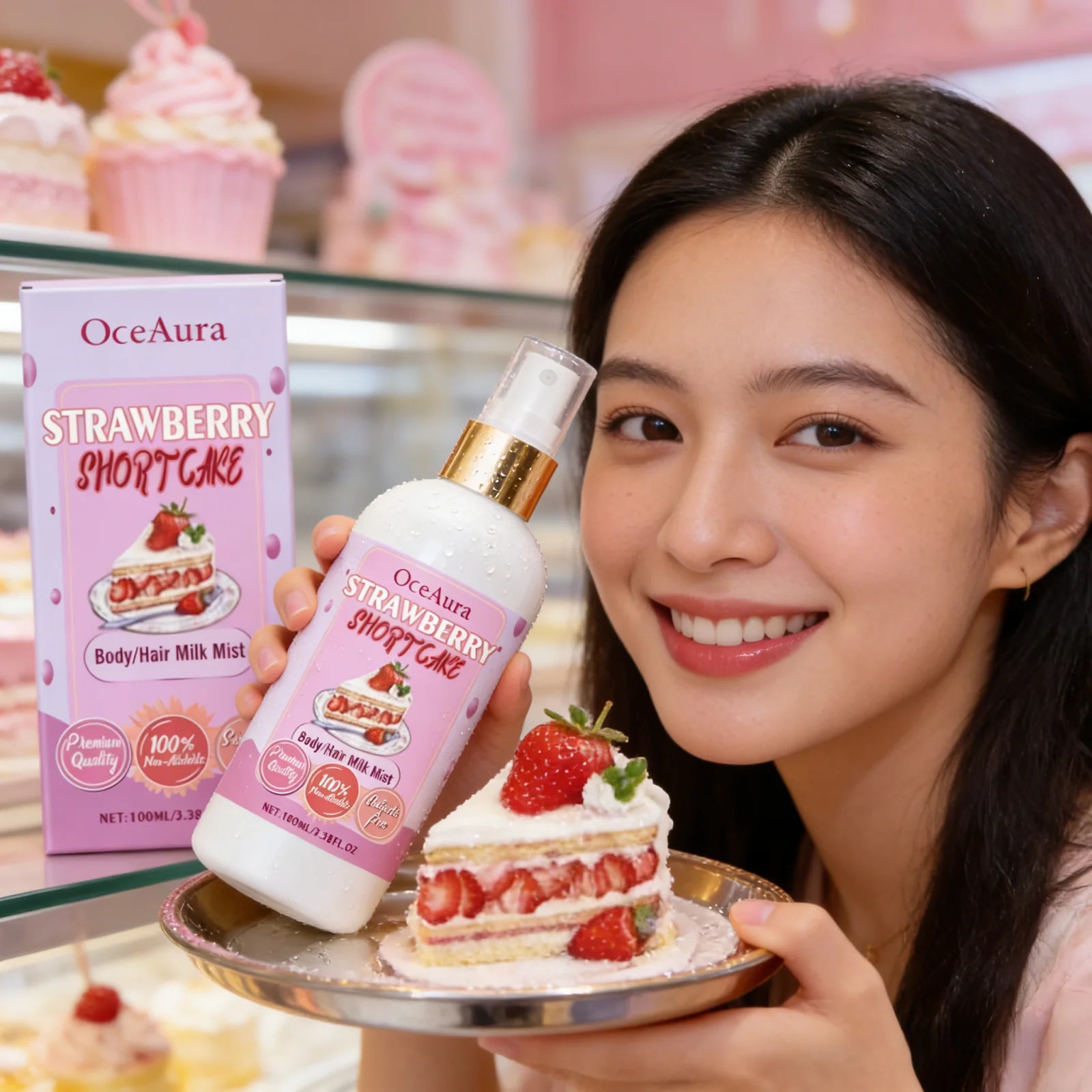OceAura Body Milk Mist Strawberry Long Lasting Hydration Moisturizer Skin Brightening Products Smoothing Hair Perfume Spray 100g