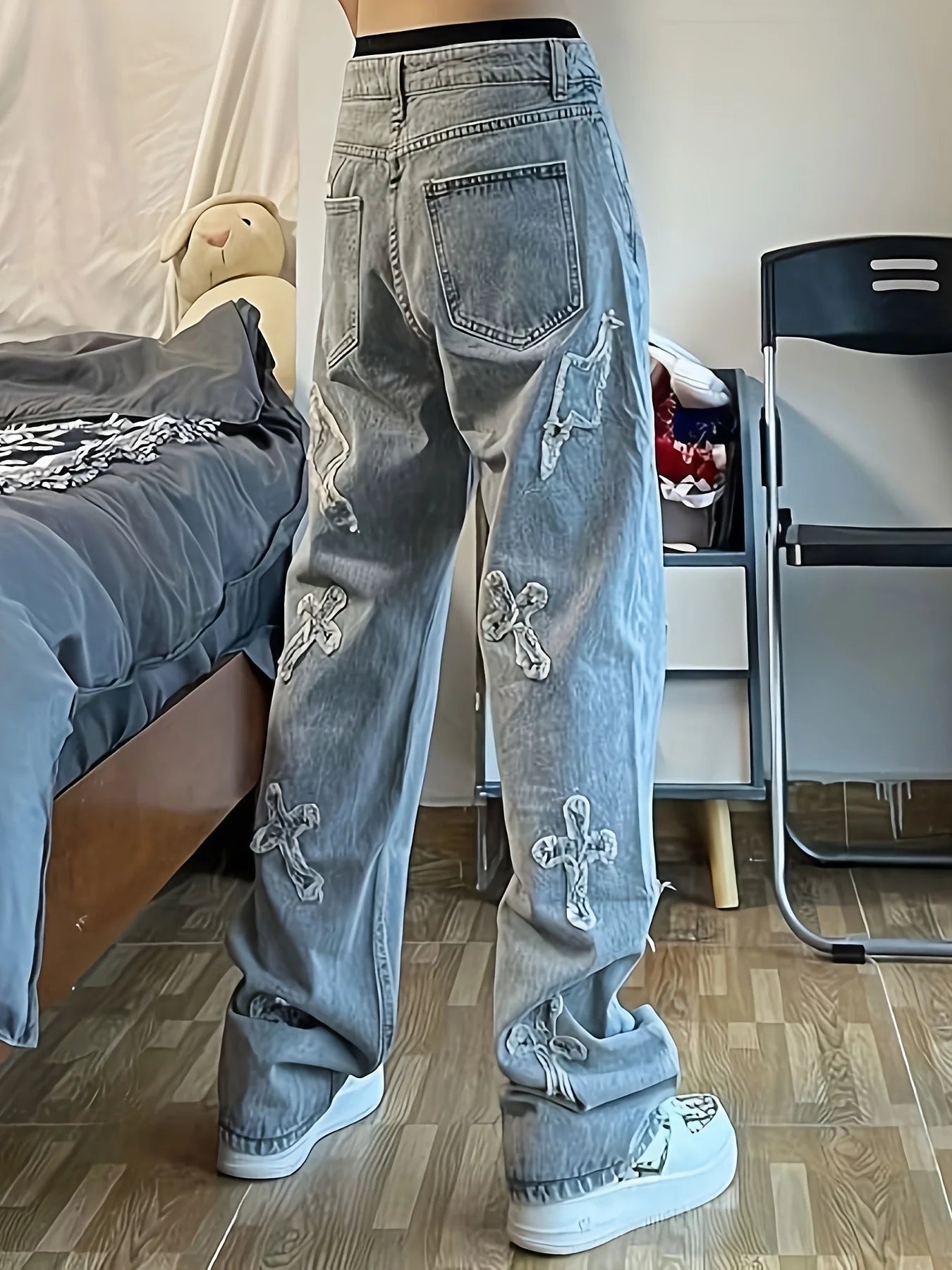 Men's jeans patch lightning jeans men's loose jeans worn-out jeans