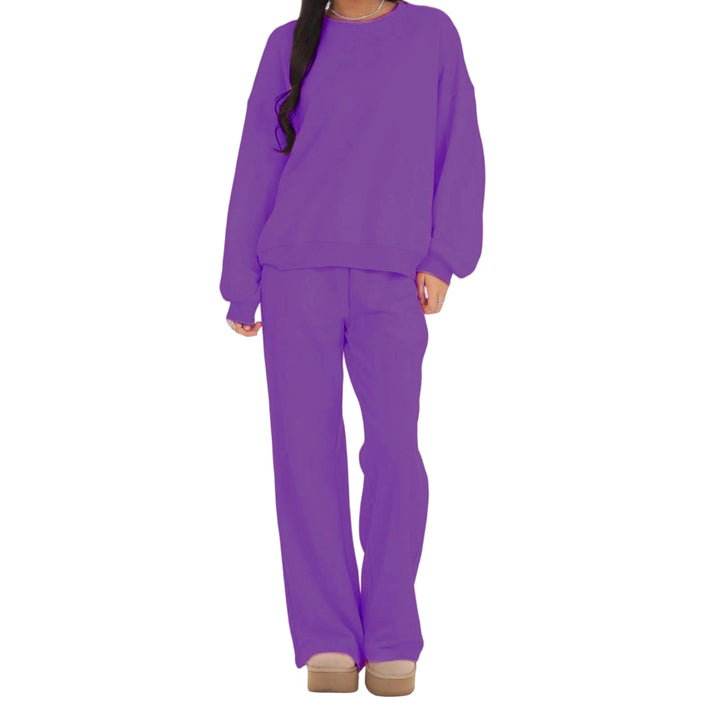 2025 Women’s Soild Color Two Piece Outfits Long Sleeve Round Neck Sweatshirt and Straight Leg Pants Set Loungewear