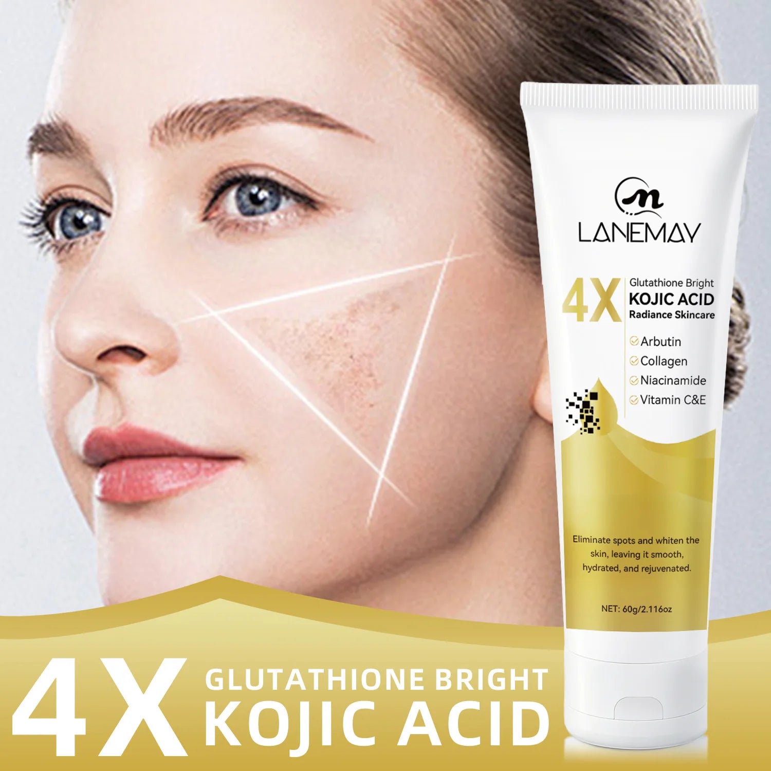 4X Glutathione Bright Kojic Acid Radiance Skincare - Eliminates Spots, Evens Tone, Smooths & Hydrates, 60g