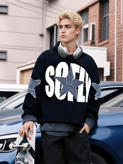 Men's Y2k Letter Graphic Long Sleeve Hoodie Vintage Loose Fit Hooded Sweatshirt