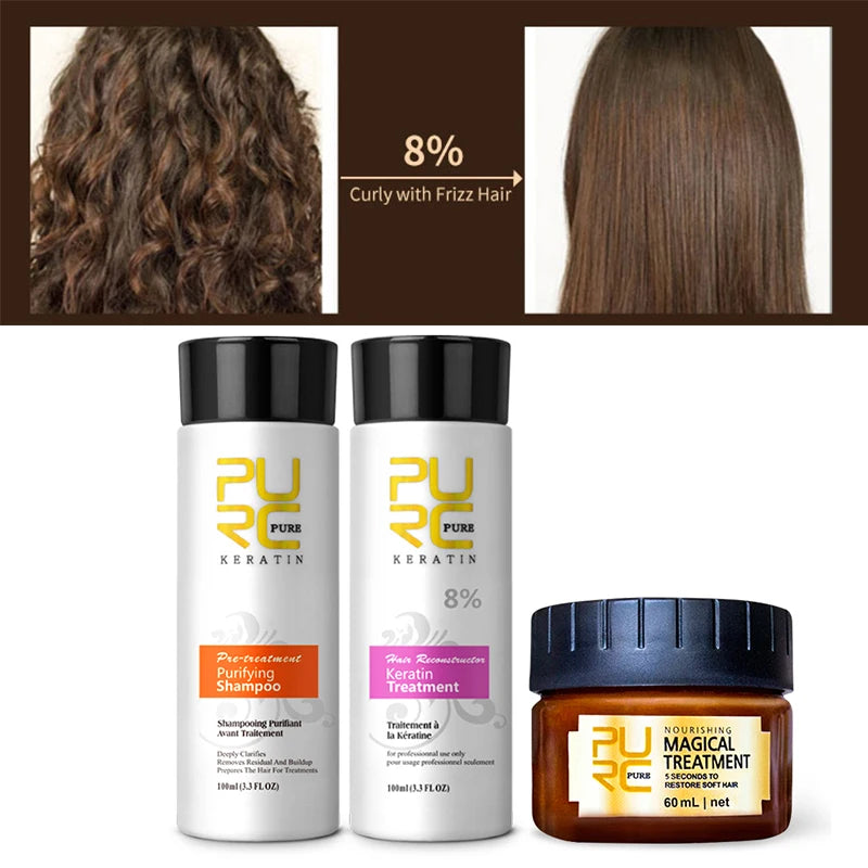 PURC Brazilian Keratin Treatment Cream Straightening Smoothing Hair Mask Sets Repair Damaged Frizz Dry Hair Care for Women 3pcs