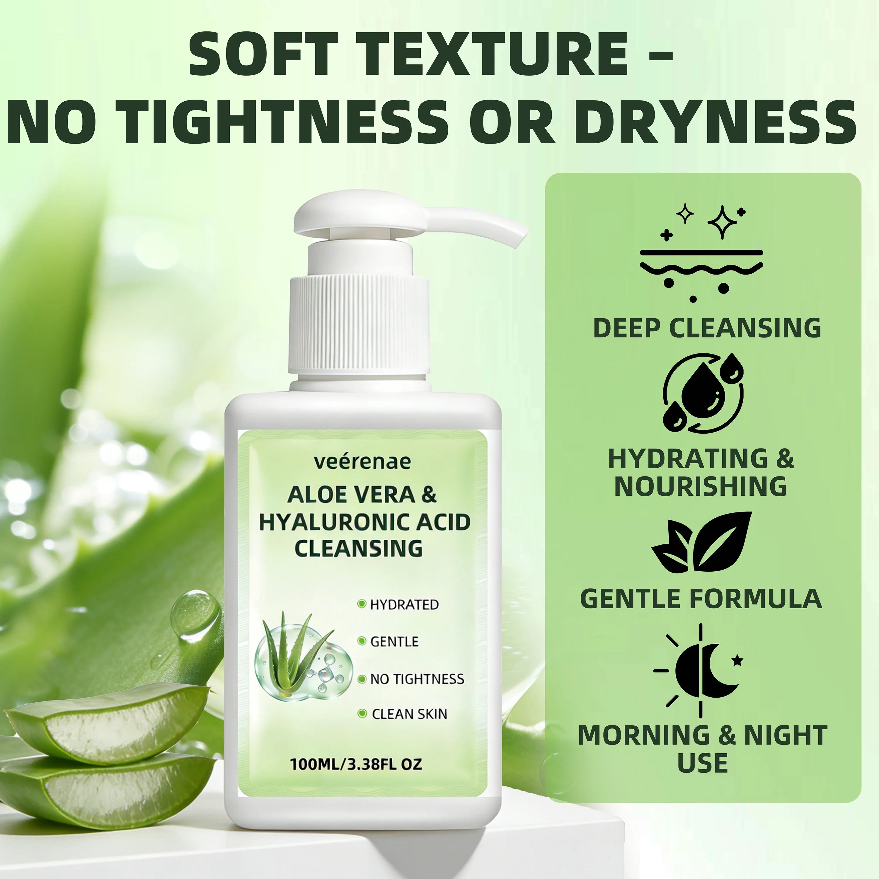 ALOE VERA HYALURONIC ACID CLEANSING | Gentle Deep Pore Moisturizing Face Wash | All Skin Types | Daily Morning & Night Use Halalzen