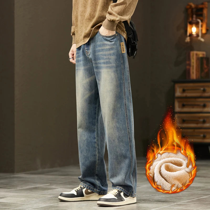 Winter Fleece Thick Cotton Jeans Men Warm Korean Velvet Loose Wide Pants Elastic Waist High Quality Outdoors Plush Trousers HALALZEN