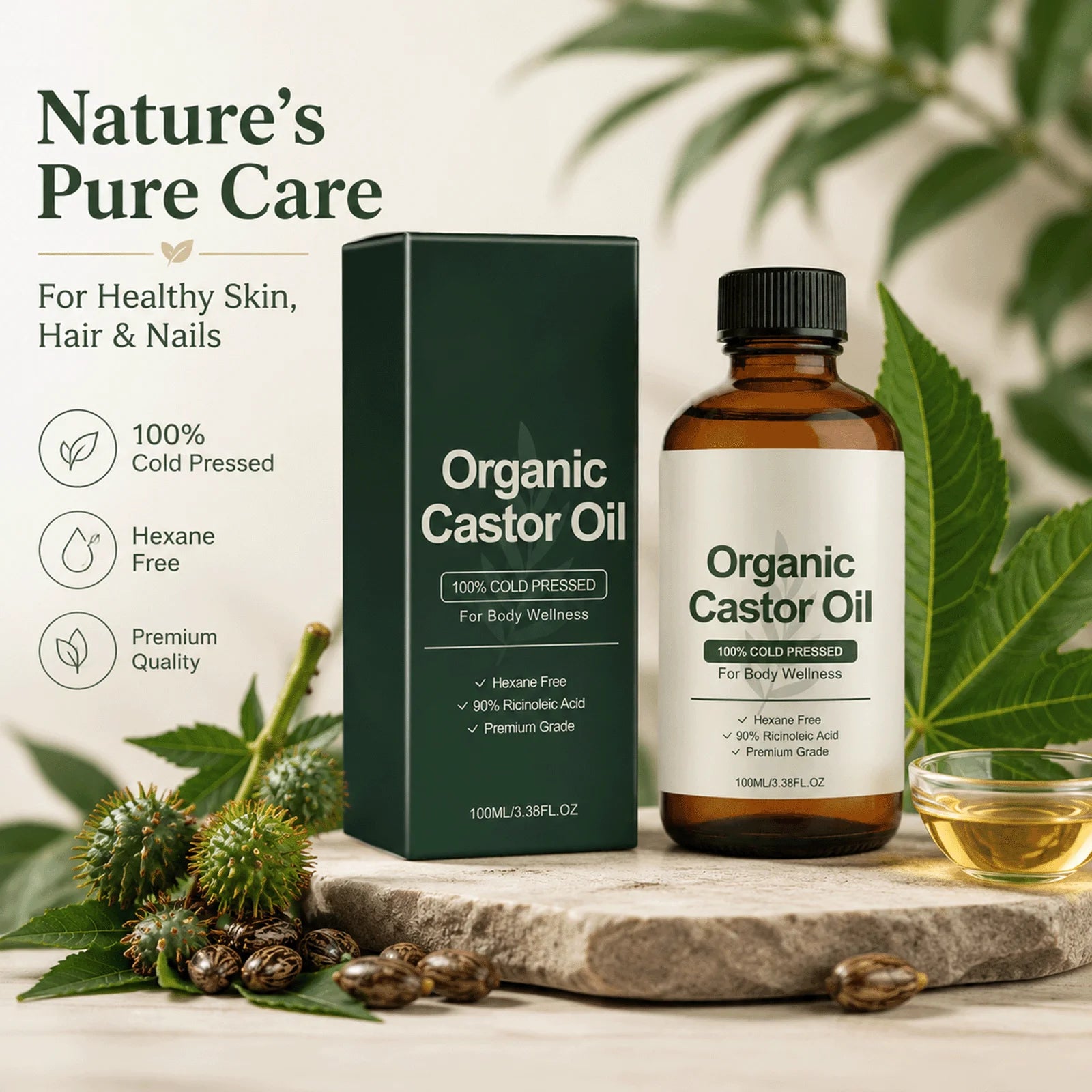 Organic Castor Oil Cold Pressed Hexane Free Ricinoleic Acid Hydrating Body Oil Moisturizing Dry Skin Sensitive Skin Care