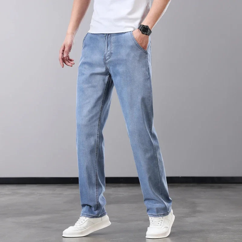 Summer Thin Men's Jeans Lyocell Fabric Soft Breathable Straight Denim Pants Brand Man Elastic Ice Silk Casual Trousers Grey Blue