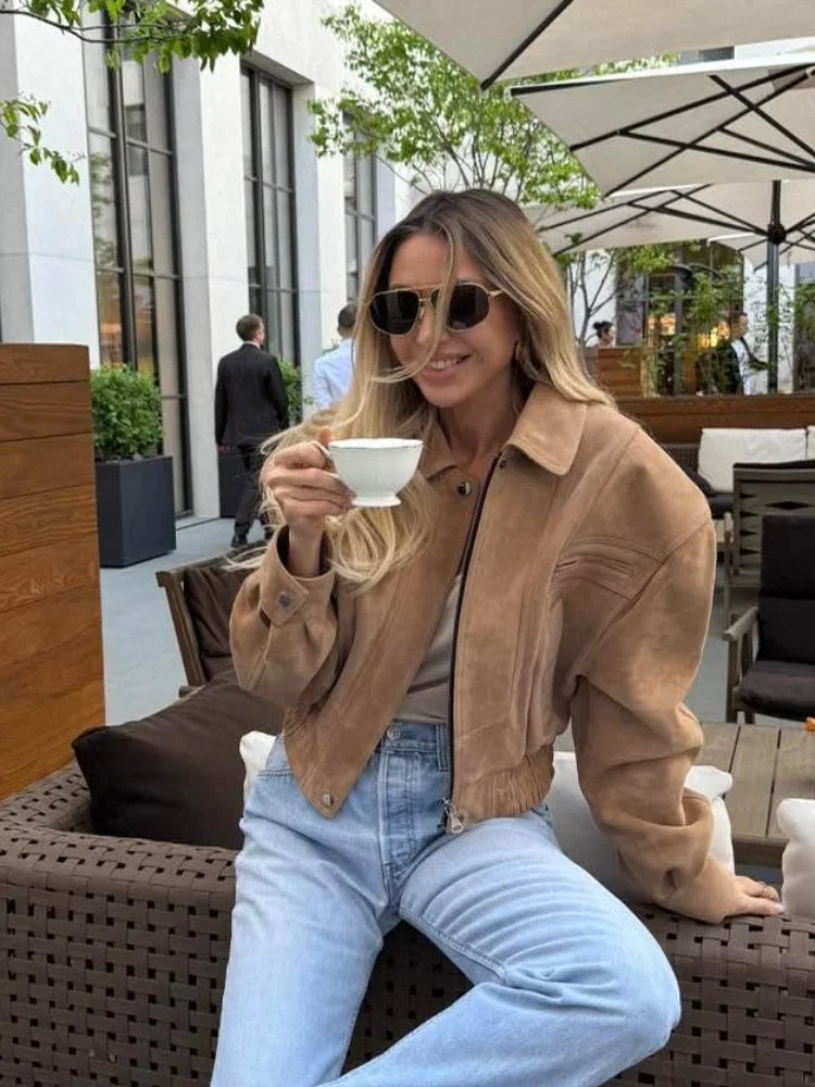 Full Sleeve Zipper Cropped Suede Jacket Women Casual Lapel Pocket Loose Thin Coat 2025 Autumn Lady Highstreet Commute Outwear