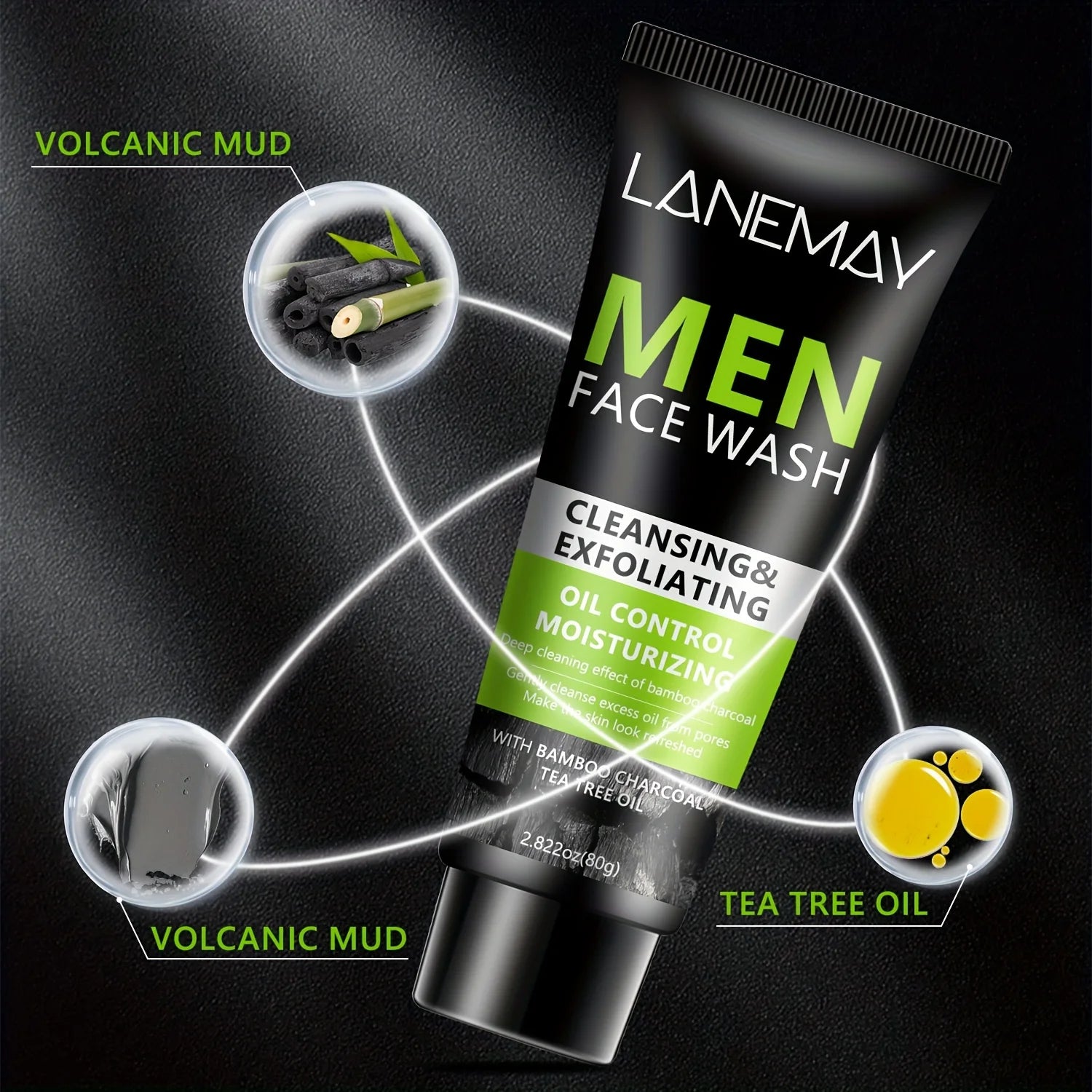 Men Face Wash with Volcanic Mud - Deeply Cleanse Oil from Pores, Control Oil and Exfoliate, Refreshing Face, Moisturize the Face Halalzen