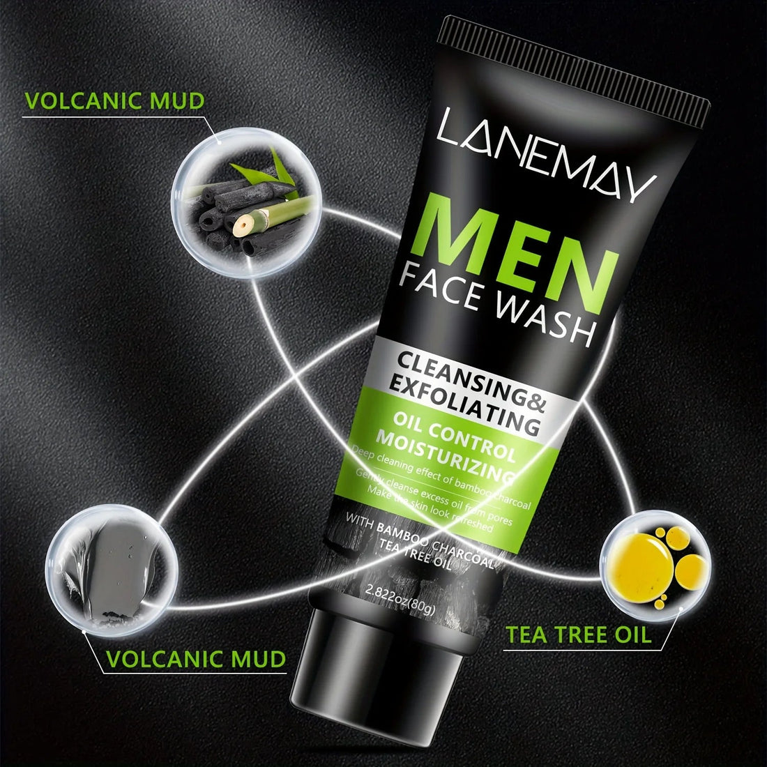 Men Face Wash with Volcanic Mud - Deeply Cleanse Oil from Pores, Control Oil and Exfoliate, Refreshing Face, Moisturize the Face Halalzen