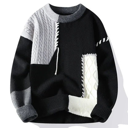 2025 Fall Winter Warm Men Sweaters Korean Style Patchwork Pullovers Round Neck Knitted Sweater Men Women Fashion Knitwear