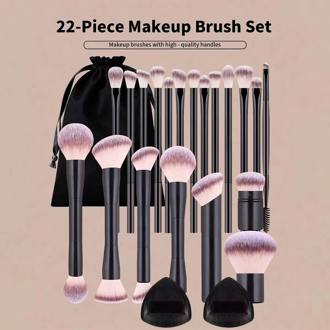 22-piece professional makeup tool set, including a velvet storage bag, 20 soft long aluminum tube  brushes + 2 powder puff