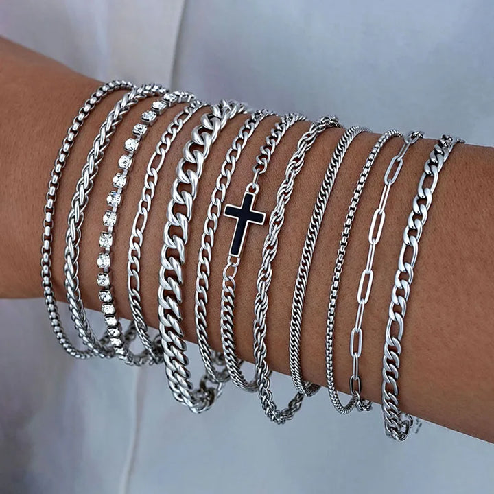 Conjunto de pulsera de cadena con cruz de acero inoxidable, estilo punk sencillo y elegante con pedrería, para hombres y mujeres, joyería casual para vacaciones y citas, regalo