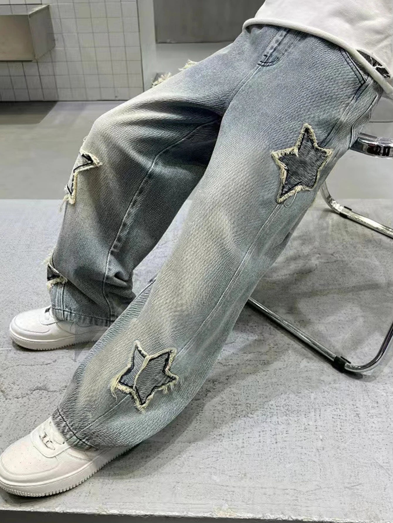 Teenage Five-Pointed Star Straight-Leg Washed Denim Jeans - Handsome, Versatile, Casual Wide-Leg Pants