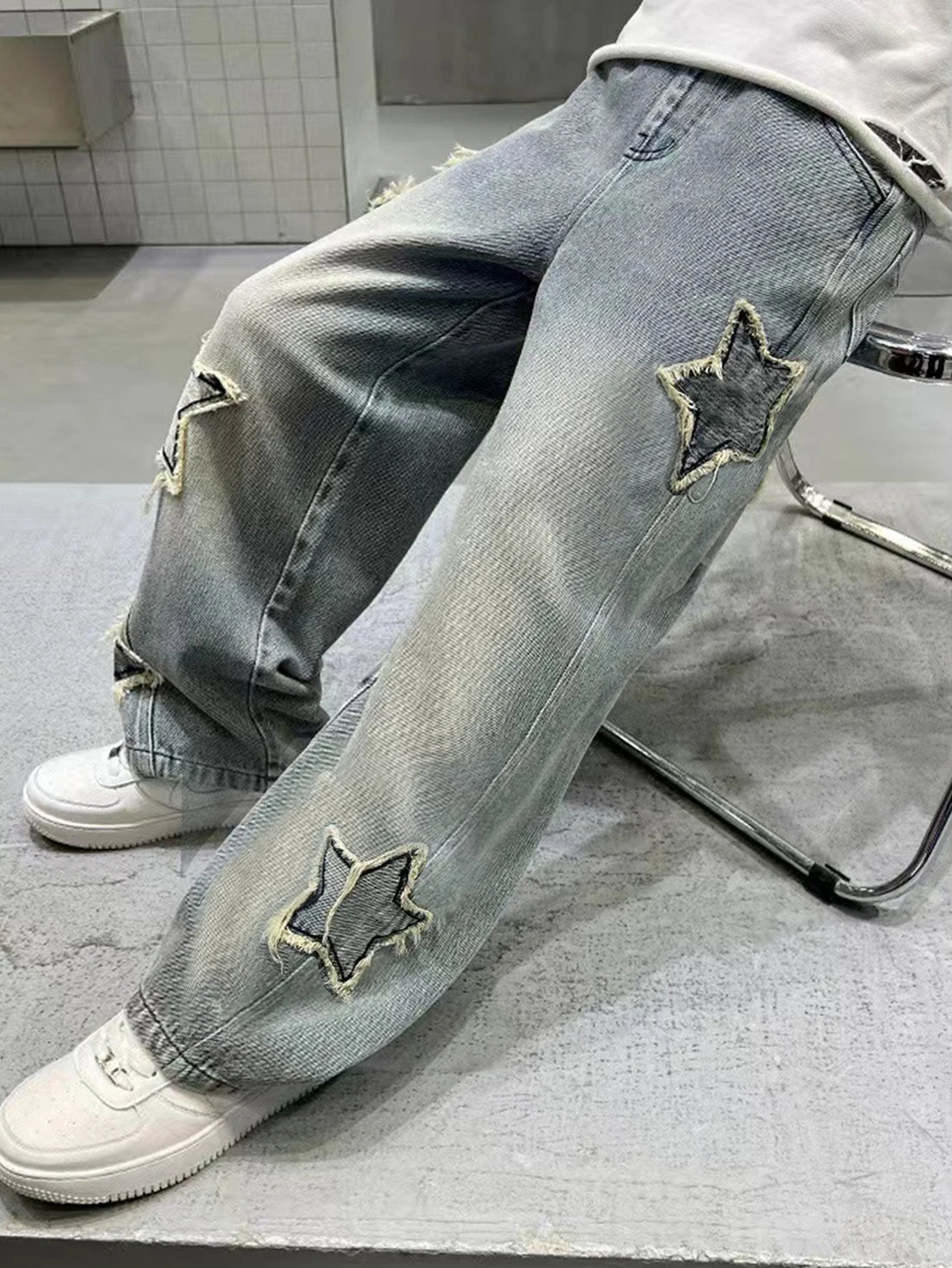 Teenage Five-Pointed Star Straight-Leg Washed Denim Jeans - Handsome, Versatile, Casual Wide-Leg Pants