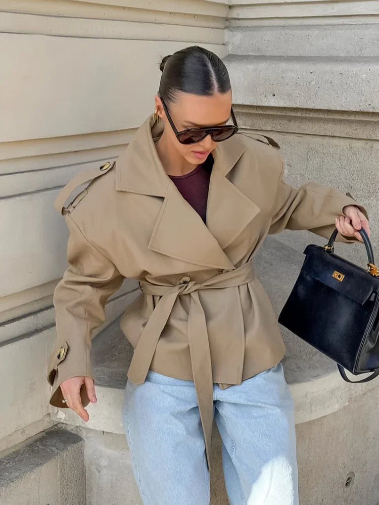 Vintage Solid Slim Women's Windbreaker Turn-down Collar Long Sleeve Lace Up Waist Cinching Jackets New Chic Lady Locomotive Tops