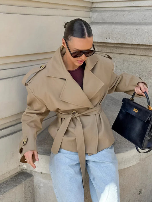 Vintage Solid Slim Women's Windbreaker Turn-down Collar Long Sleeve Lace Up Waist Cinching Jackets New Chic Lady Locomotive Tops