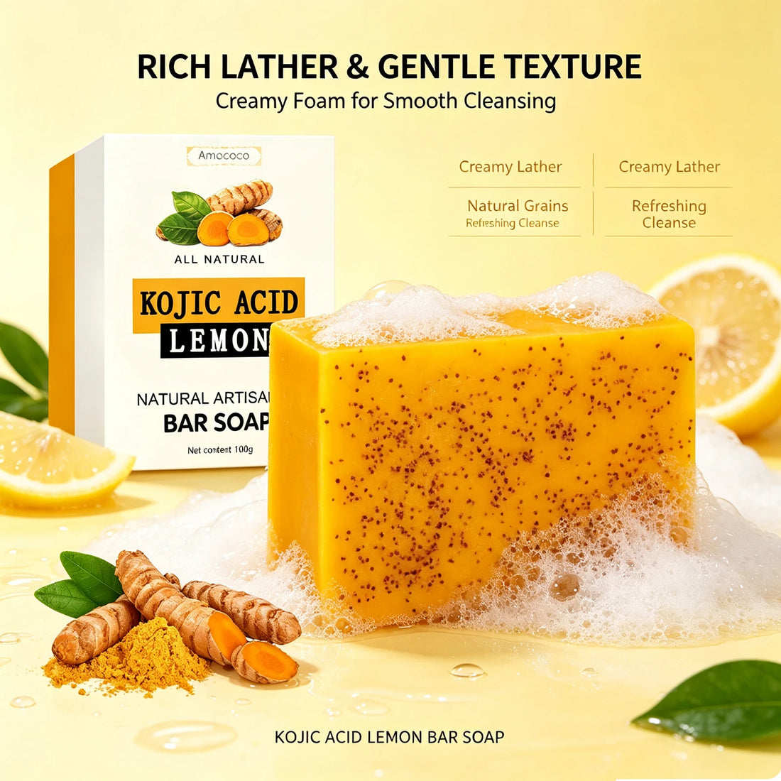 Amococo Turmeric Kojic Acid Soap 100g Deep Cleansing Bar Soap for Face and Hands Natural Skin Care Body Cleanser Daily Bath Soap