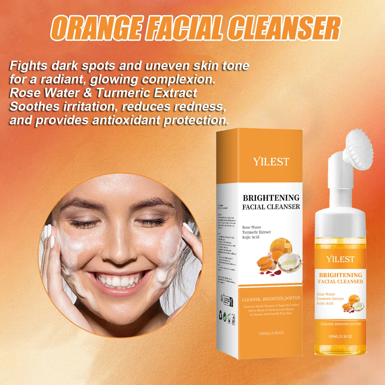 YILEST Brightening Facial Cleanser 100ml - with Kojic Acid, Turmeric & Rose Water, Soft Brush Head for Deep Cleansing, Acne Care Halalzen