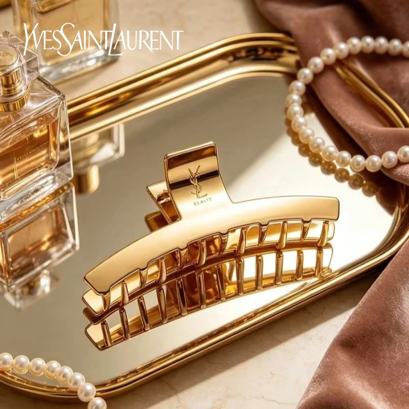 YSL Saint Laurent Hair Barrette Gold Metal Clip, Made in France French Luxury Original Box Hair Accessory Gift for Women Girls