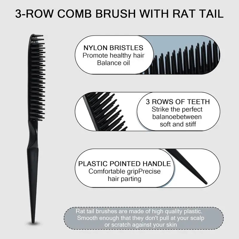 3 Row Hair Comb for Natural Detangling Hair Styling Brush Nylon Bristle Unbraider Teasing Comb Rat Tail for Women Men Black PD