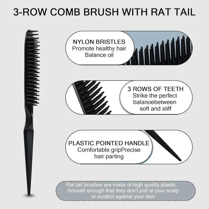 3 Row Hair Comb for Natural Detangling Hair Styling Brush Nylon Bristle Unbraider Teasing Comb Rat Tail for Women Men Black PD