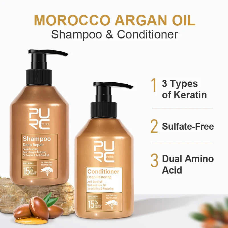 PURC Morocco Argan Oil Shampoo Conditioner Set Smoothing Nourishing Repair Damaged Frizz Hair Scalp Treatment Hair Care Halalzen