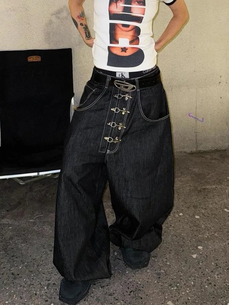 Women’s Metal Buckle Design Curved Wide-leg Jeans High Waist Straight Baggy Denim Pants Female Vintage Street Style Trouser