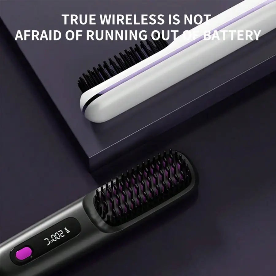 Portable Wireless Hair Straightener Comb, USB Rechargeable Straightening Brush with 3 Speed Temperature Control, Negative Ion Technology, LED Display, Lightweight Travel Hair Straightener with Comb and Clip Included