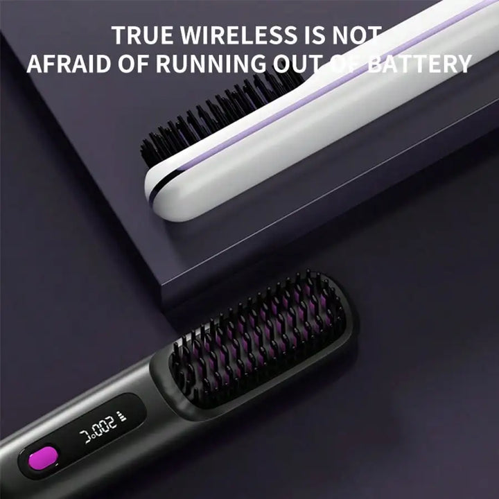 Portable Wireless Hair Straightener Comb, USB Rechargeable Straightening Brush with 3 Speed Temperature Control, Negative Ion Technology, LED Display, Lightweight Travel Hair Straightener with Comb and Clip Included