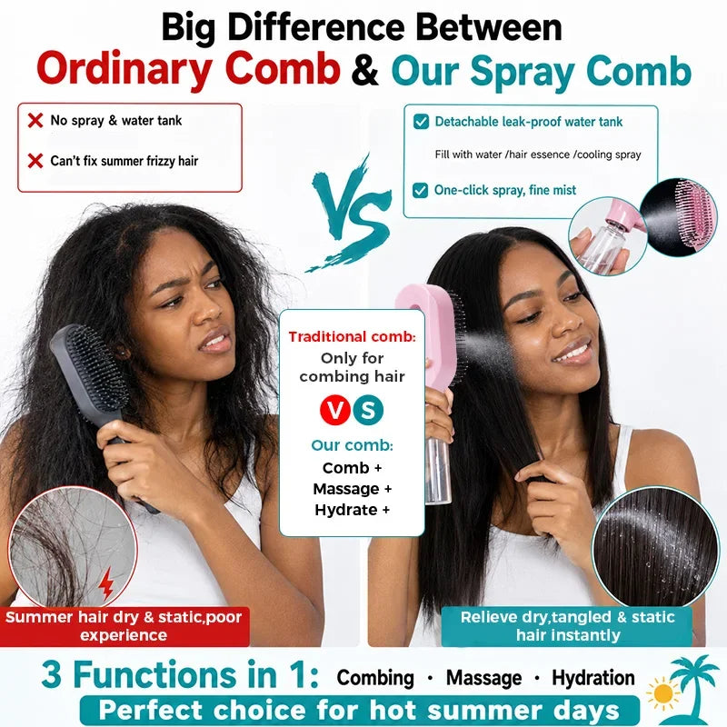2 in 1 Built-in Spray Detangling Hair Brush Anti Static Reduce Frizz Even Mist Moisturizing Massage Comb Travel Styling Tool