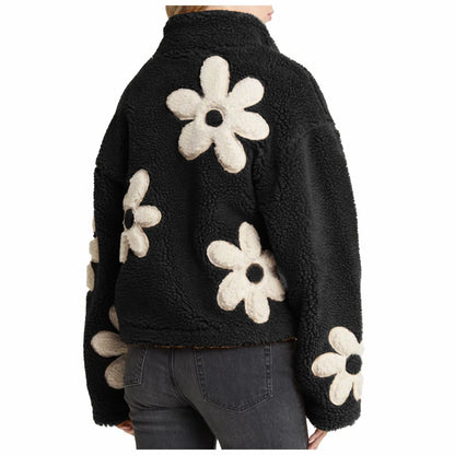 Womens Floral Fleece Jackets Winter Zipper Cropped Coat Casual Long Sleeve Outwear With Pockets Cute Plush Jacket For Women