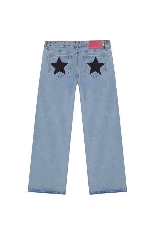 Y2K Blue Vintage Five-Pointed Star High Waited Jeans ONE DILEMMA Fashion Baggy Jeans Women Clothing Casual Straight Denim Pants