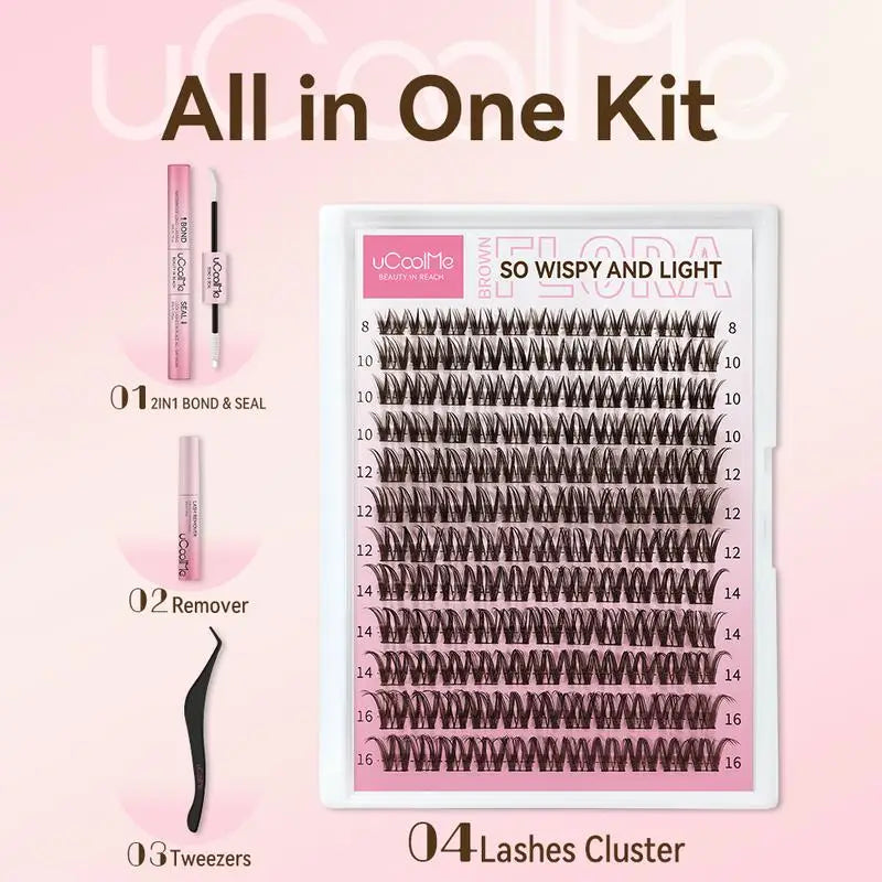 uCoolMe Lashes Brown Flora Long-lasting Waterproof Wispy Clusters Kit with Bond and Seal Remover Beginner Friendly Makeup Tool