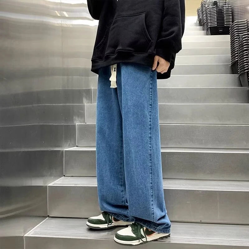 Men Fashion Korean Version Student Casual Jeans Men High Street Straight Leg Pants elastic waistband Vintage Wide Leg Trousers