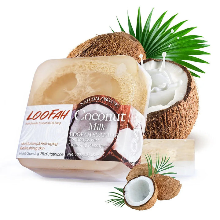 loofah Coconut essential oil soap, added with glutathione, suitable for cleaning and moisturizing the whole body, rich, delicate Halalzen