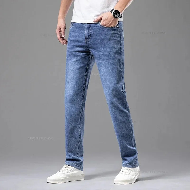 Summer Elastic Men's Jeans Fashion Gray Comfortable Business Straight Stretch Cotton Casual Denim Pants Brand Male Thin Trousers