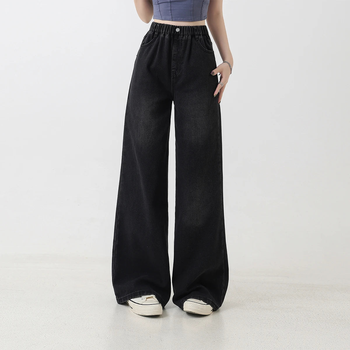 Preppy Style Versatile Black Washed Jeans for Girls – Vintage Loose Fit Straight-Leg Wide Pants, Trendy & Chic