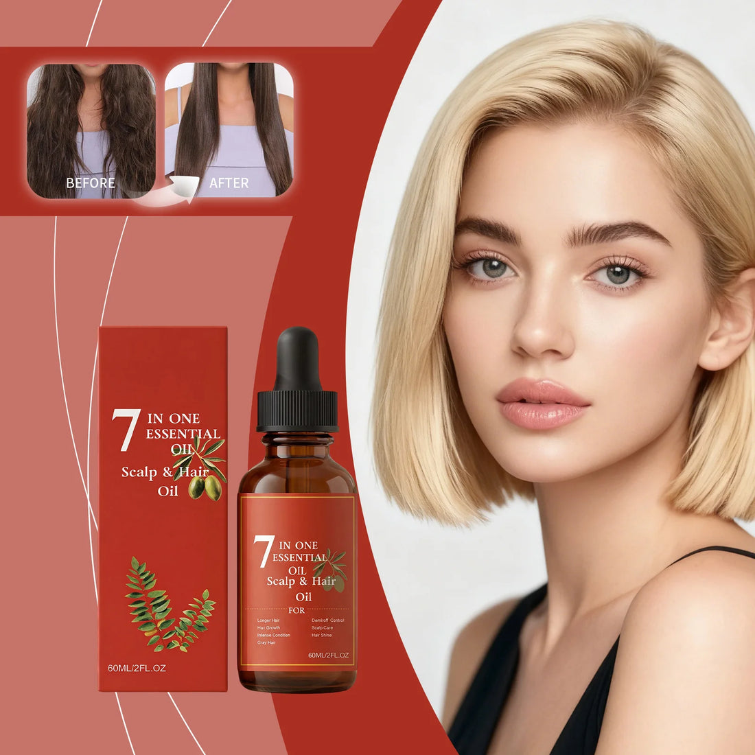 7-in-1 Hair Essential Oil 60ml Rosemary Olive Castor Oil Blend for Dry Scalp Hydration Shine Strong Roots Gray Hair Care