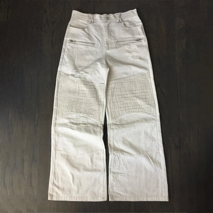 Y2K Retro Biker Denim Pants Zipper Pocket Distressed Holes Ruched Jeans New Trendy High Street Streetwear Unisex Baggy Trousers