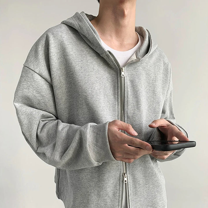 Autumn Korean Fashion Zip Hooded Sweatshirts Men Long Sleeve Y2K Vintage Hoodies Basic Crop Tops Loose Streetwear Hoody Jacket