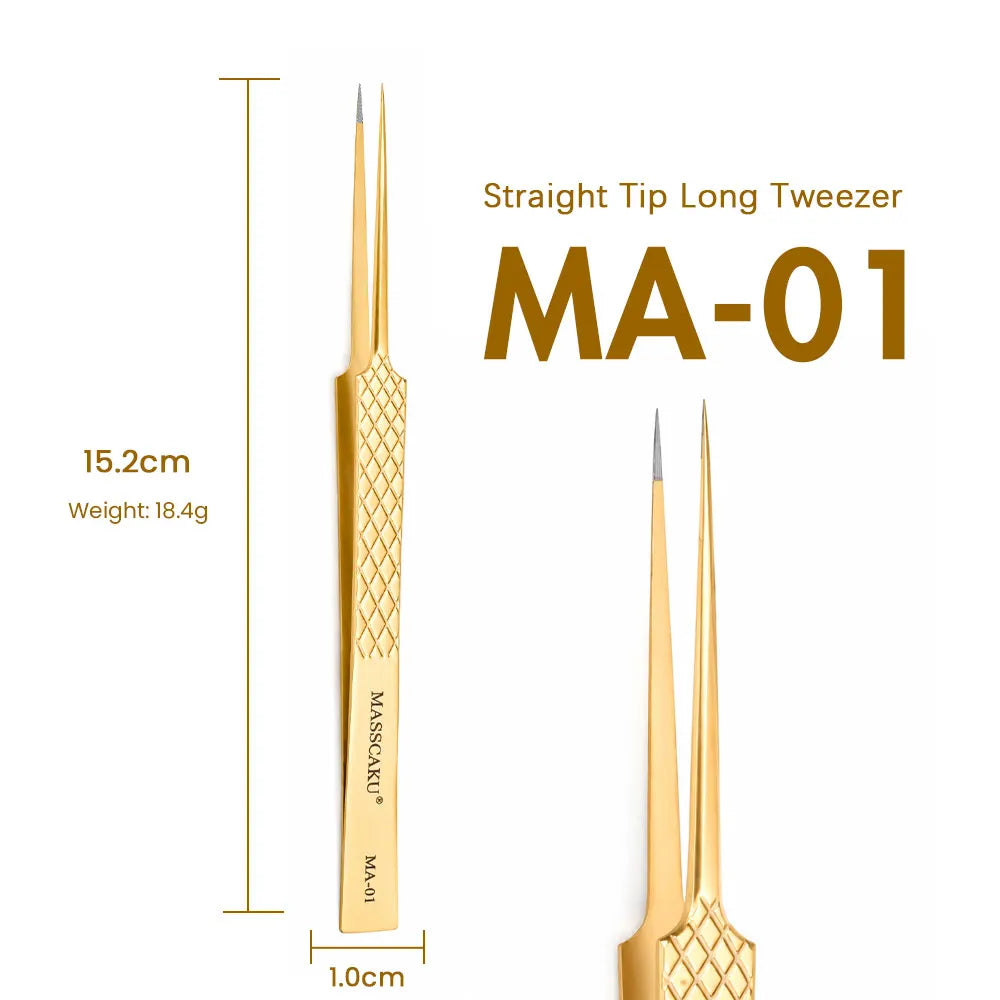 MASSCAKU Eyelash Extension Tweezers Fiber Tip Gold Stainless Steel Lash Pickup Tool for Volume Fans Classic Lash Isolation