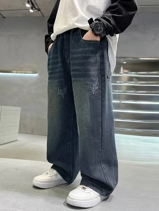 Vintage-washed gradient wide-leg straight-leg relaxed-fit preppy-style long denim jeans for teenage