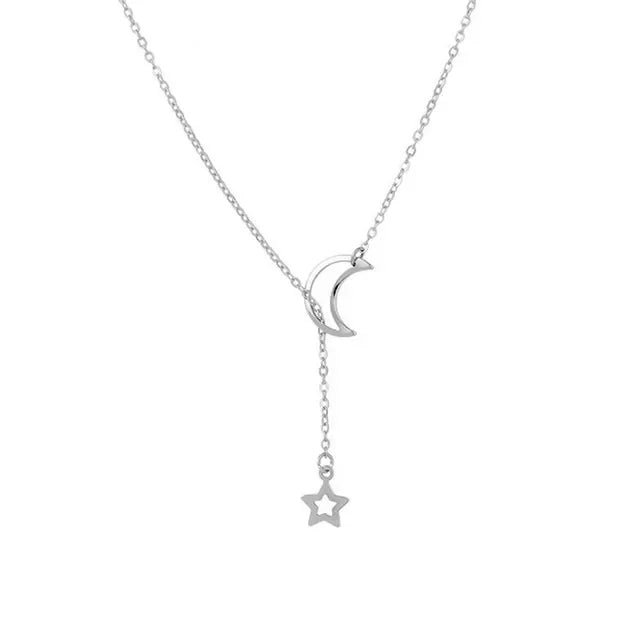 Simple Moon & Star Pendant Choker – Gold Alloy Chain Necklace