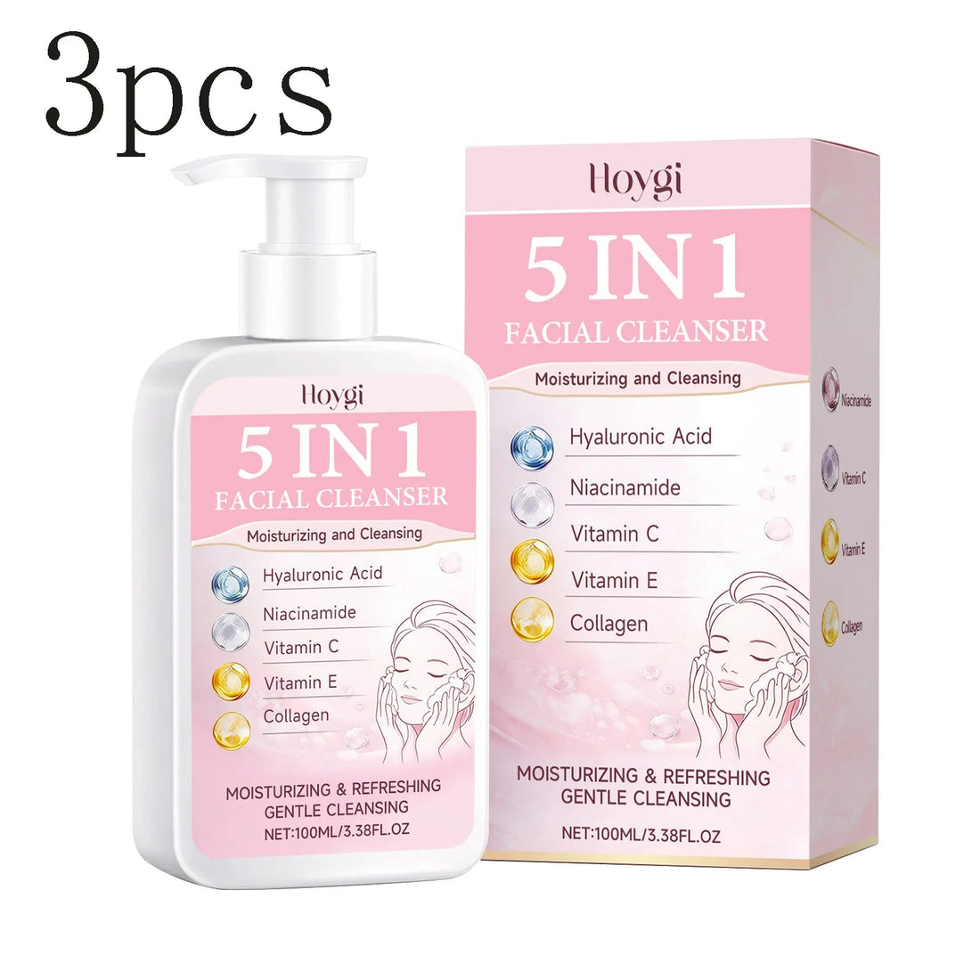 5-in-1 Moisturizing Cleanser - Rich Foam Light Texture Mild Non-Irritating Daily Gentle Hydrating Facial Cleansing Cream Halalzen