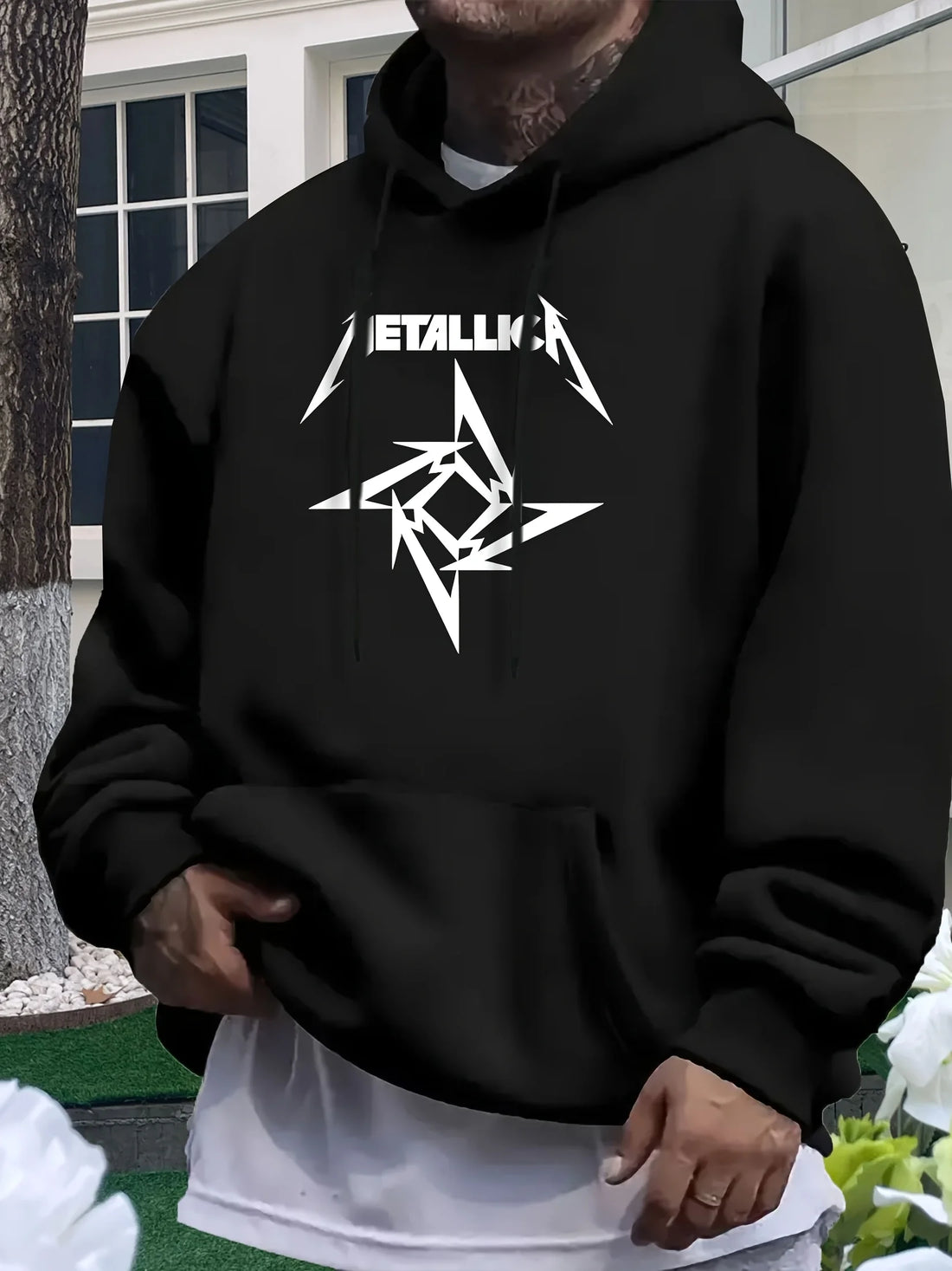 Men'S Metallic Star Print Hoodie - Casual Blue Sweatshirt with "METALLIC" Design, All-Season Comfort, Regular Fit, Casual Wear