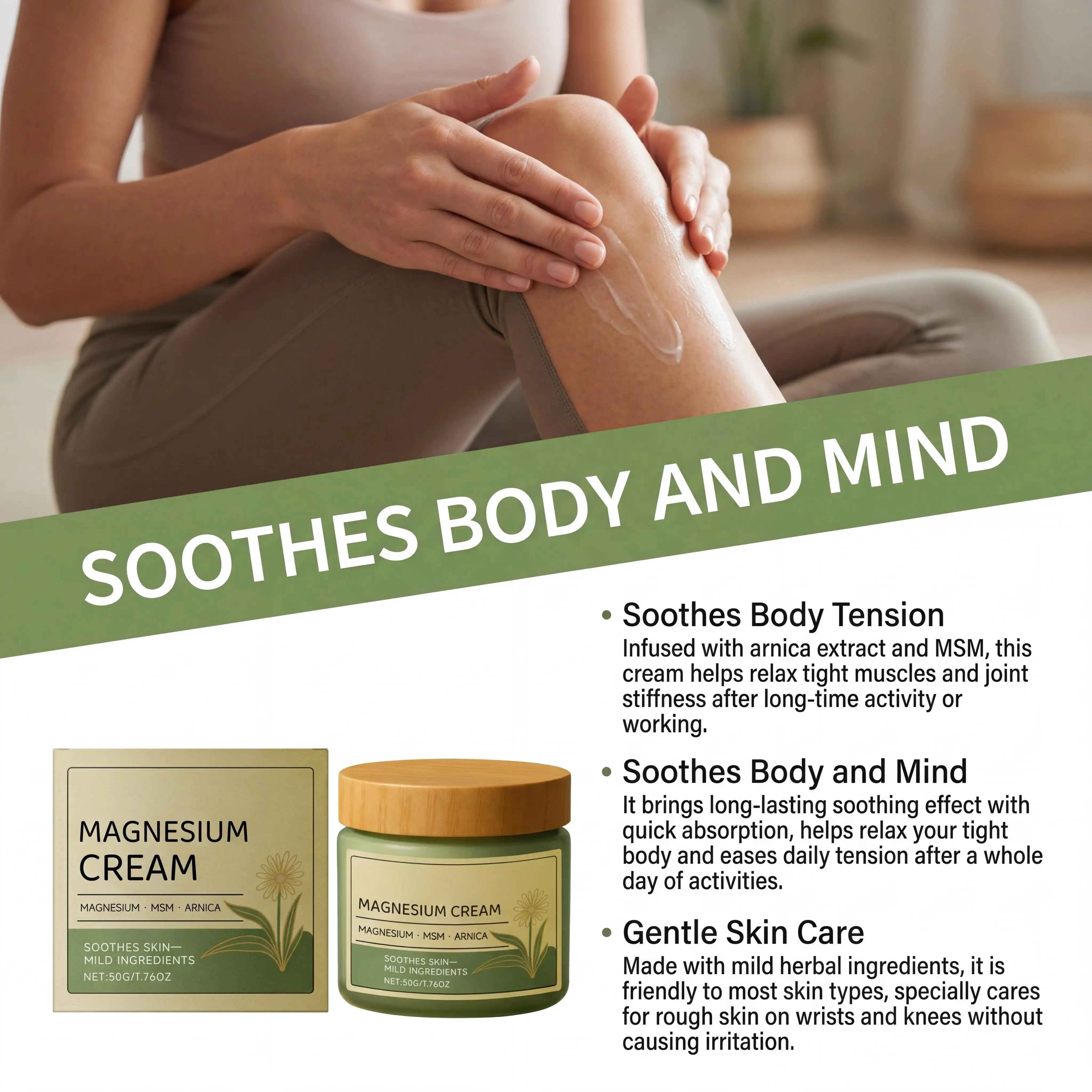 Soothing Magnesium Cream Total Relief Muscle Pains Soothe Nerves Fast-Absorb Non-Greasy Daily Body Care Cream With Msm & Arnica
